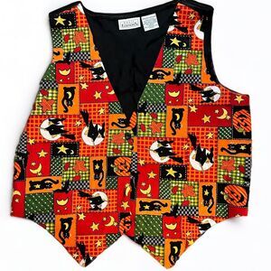 Vintage 90s Basic Editions Halloween Witch Black Cats Bats Jack O Lantern Vest